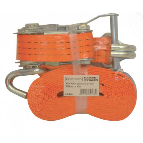 Heavy Duty Ratchet Strap. Allows goods to be secured when in transit. Strap width 35mm; length 8m. Breaking strength 3000kgs. Conforms to EN12195-2.