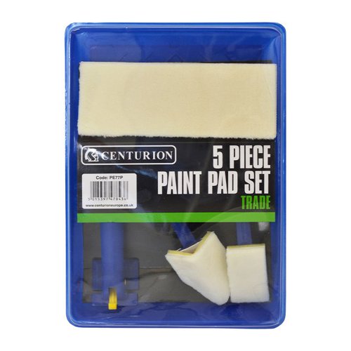 PE77P | Our top quality rollers and pads have been designed to cover larger areas like celling's or walls. We supply a wide variety of Short, Medium and Long rollers ranging from different sizes. 5pc Paint pad set.Can be used with most paints.Includes: 3 x pads 1 x handle 1 x plastic tray