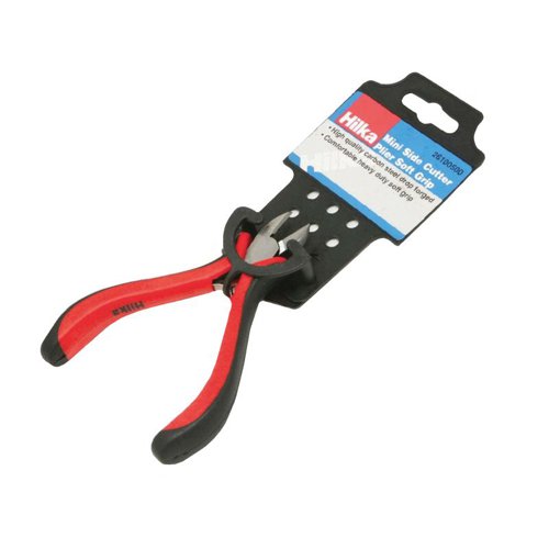 PL41P | Side Cutting Pliers have many applications including electrical, communications and construction work. Use to grip, splice or cut wires, and strip insulation. Size: 115mm / 4”. Mini side cutting pliers. High quality heat treated carbon steel. Comfortable heavy duty PVC grip handles.