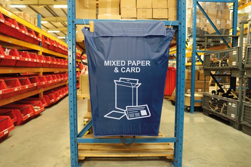 RSF002 | Mixed paper & card racking sack is a 920mm x 1000mm made from durable waterproof polyster. This sack also comes with two 'S' hooks for hanging on the end of racking. 