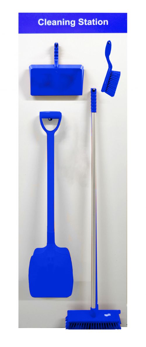 Shadow board Clean Station (Board A; Blue) complete with medium banister brush; shovel; dustpan and medium sweeping broom.