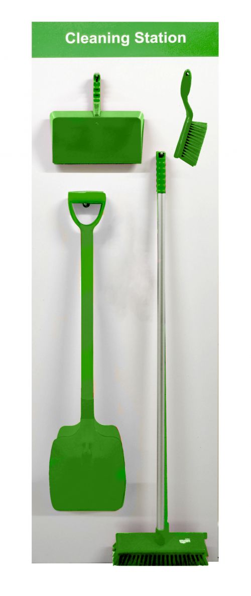 Shadow board Clean Station (Board A; Green) complete with medium banister brush; shovel; dustpan and medium sweeping broom.