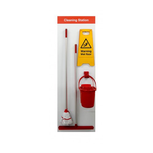 SB-BD03-RD | Shadow Board Cleaning Station (Board C, Red) made from an Aluminium Composite Panel with Anti-Scuff Laminate, for hard wearing, long lasting durability. Complete with 600mm Ultra Hygienic Squeegee with Handle, Warning Wet Floor A-Board, Looped Hygiemix Mop with handle and 12 litre Polypropylene Mop Bucket. Supplied with stainless steel hooks and some minor assembly is required. Size 650 x 2000mm.