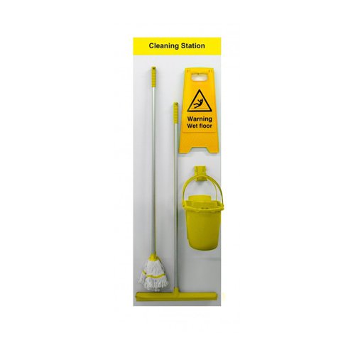 SB-BD03-YL | Shadow Board Cleaning Station (Board C, Yellow) made from an Aluminium Composite Panel with Anti-Scuff Laminate, for hard wearing, long lasting durability. Complete with 600mm Ultra Hygienic Squeegee with Handle, Warning Wet Floor A-Board, Looped Hygiemix Mop with handle and 12 litre Polypropylene Mop Bucket. Supplied with stainless steel hooks and some minor assembly is required. Size 650 x 2000mm.
