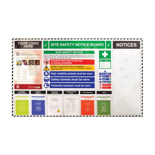 SB-BD60 | This Site Notice Board presents a central point of storage for the important documentation which is needed on a new site. The board includes a Health & Safety poster which must be displayed by employers by law, along with the most common safety messages in use on sites throughout the UK.