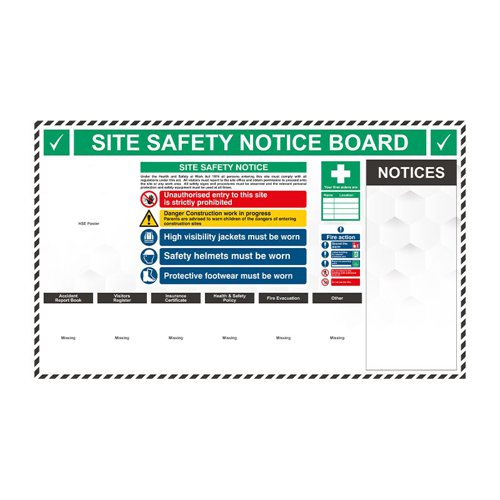 SB-BD60-s | Designed for internal or external use in a sheltered position, this site notice board presents a central point of storage for the important documentation which is needed on a new siteComplete with 6 pockets mounted to the front, allowing for documentation to be held securely in one place Manufactured on 3mm Aluminium Composite Panel, Pre-drilled and complete with steel stand off fixings Contents: 1 x Health & Safety Law Poster(A2) - 1 x Accident Report Book - 6 x A4 Clear Wallet Board Size: W2000mm x H1200mm