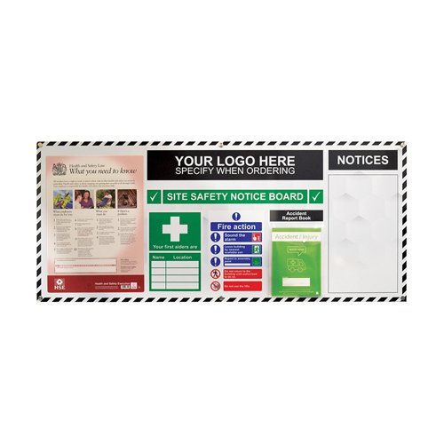 SB-BD61 | This Site Notice Board presents a central point to detail safety information for a site. The board includes a Health & Safety poster, which must be displayed by employers by law, along with details of the first aiders and an accident report book in a fixed wallet.