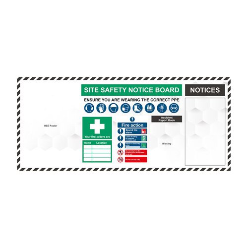 SB-BD61-S | Designed for internal or external use in a sheltered position, this site notice board presents a central point to detail safety information for a site. The board includes the Health & Safety poster, which must be displayed by employers by law, along with details of the first aiders.Incorporated drywipe finish for adding further information in the 'Notices' section For internal and external use in a sheltered position. Contents: 1 x A2 Health & Safety Law Poster - 1 x A4 Clear Wallet - 1 x Accident Report Book Board Size: W1600mm x H700mm.