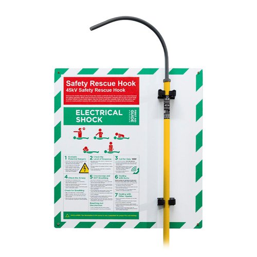 SB-BD62 | Our Rescue Hook Stations should be located in the area deemed most at risk of an electrical incidient, in a highly visible and accesible position.This includes Board & Hook only. Board Size: 700 x 750mm (W x H). Material: Laminated Aluminium Composite Panel (ACP). Rescue Hook conforms to NF EN50508 and CEI61235-S. Size: 145cm pole length. Reach: 165cm with hook mounted. Search product SB-BD63 for the complete Electrical Safety Rescue Board.