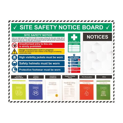 SB-BD64EIRE | Designed for internal or external use in a sheltered position, this site notice board presents a central point of storage for the important documentation which is needed on a new site Complete with 6 pockets mounted to the front, allowing for documentation to be held securely in one place Manufactured on 3mm Aluminium Composite Panel, Pre-drilled and complete with steel stand off fixings Contents: 1 x Accident Report Book - 6 x A4 Clear Wallet Board Size: W1550mm x H1200mm