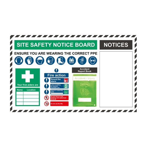 SB-BD65 | Safety Stations are an ideal way of displaying key Health & Safety messages in a highly visible and location specific format. Each station has been designed to provide pertinent information and safety equipment in a consistent and professional manner. Laminated board so information can be written directly into the notices section with a drywipe marker. Internal or External use in a sheltered position. Pre-drilled for easy fixing.