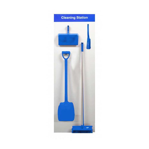 Shadow Board Cleaning Station (Board A, Blue) is made from an Aluminium Composite Panel with Anti-Scuff Laminate, for hard wearing, long lasting durability. Complete with 317mm Professional Medium Banister Brush, 325mm Open Dustpan, 305mm Professional Medium Sweeping Broom and 320mm D-Grip Shovel. Supplied with stainless steel hooks and some minor assembly is required. Size 610 x 2000mm.