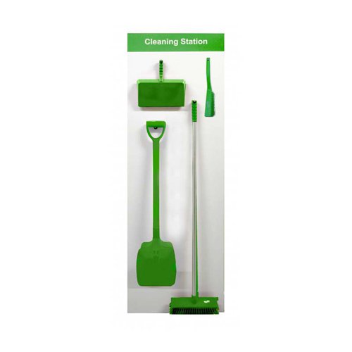 SBS-BD01-GR | Shadow Board Cleaning Station (Board A, Green) is made from an Aluminium Composite Panel with Anti-Scuff Laminate, for hard wearing, long lasting durability. Complete with 317mm Professional Medium Banister Brush, 325mm Open Dustpan, 305mm Professional Medium Sweeping Broom and 320mm D-Grip Shovel. Supplied with stainless steel hooks and some minor assembly is required. Size 610 x 2000mm.