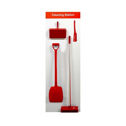 Shadow Board Cleaning Station (Board A, Red) is made from an Aluminium Composite Panel with Anti-Scuff Laminate, for hard wearing, long lasting durability. Complete with 317mm Professional Medium Banister Brush, 325mm Open Dustpan, 305mm Professional Medium Sweeping Broom and 320mm D-Grip Shovel. Supplied with stainless steel hooks and some minor assembly is required. Size 610 x 2000mm.
