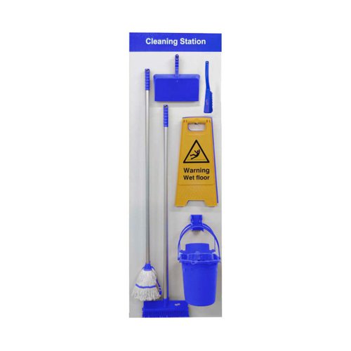 SBS-BD02-BL | Shadow Board Cleaning Station (Board B, Blue) is made from an Aluminium Composite Panel with Anti-Scuff Laminate, for hard wearing, long lasting durability. Complete with 317mm Professional Medium Banister Brush, 325mm Open Dustpan, 305mm Professional Medium Sweeping Broom, Warning Wet Floor A-Board, Looped Hygiemix Mop and 12 litre Mop Bucket. Supplied with stainless steel hooks and some minor assembly is required. Size 610 x 2000mm.