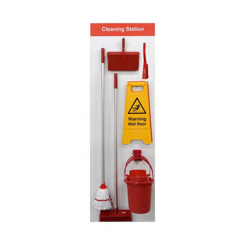 SBS-BD02-RD | Shadow Board Cleaning Station (Board B, Red) is made from an Aluminium Composite Panel with Anti-Scuff Laminate, for hard wearing, long lasting durability. Complete with 317mm Professional Medium Banister Brush, 325mm Open Dustpan, 305mm Professional Medium Sweeping Broom, Warning Wet Floor A-Board, Looped Hygiemix Mop and 12 litre Mop Bucket. Supplied with stainless steel hooks and some minor assembly is required. Size 610 x 2000mm.