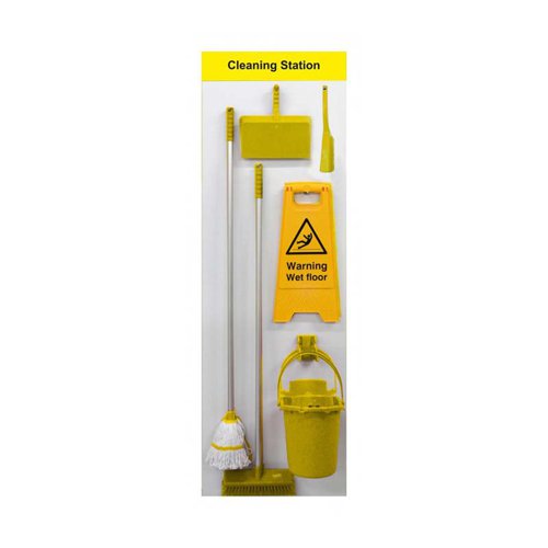 SBS-BD02-YL | Shadow Board Cleaning Station (Board B, Yellow) is made from an Aluminium Composite Panel with Anti-Scuff Laminate, for hard wearing, long lasting durability. Complete with 317mm Professional Medium Banister Brush, 325mm Open Dustpan, 305mm Professional Medium Sweeping Broom, Warning Wet Floor A-Board, Looped Hygiemix Mop and 12 litre Mop Bucket. Supplied with stainless steel hooks and some minor assembly is required. Size 610 x 2000mm.