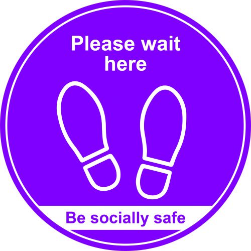 Purple Social Distancing Floor Graphic - Please Wait Here (400mm dia.)