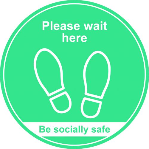 Turquoise Social Distancing Floor Graphic - Please Wait Here (400mm dia.)
