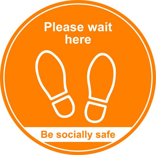 Social Distancing Floor Graphic - Please Wait Here (Amber) 400mm Diameter STP012