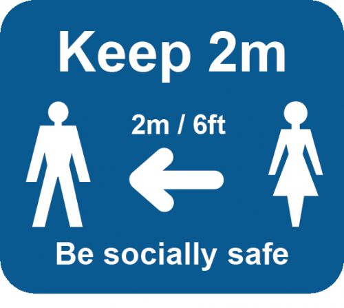 Blue Social Distancing Self Adhesive Sign - Keep 2m/6ft (190 x 166mm) 25pk