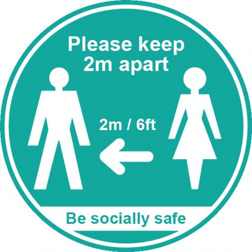 Turquoise Social Distancing Self Adhesive Sign - Please Keep 2m/6ft Apart (1900 dia.) 25pk