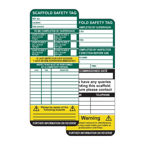 TG0110 | Use scaffolding safety inserts with our ClawTag holder at all legal entry points to the scaffold providing relevant safety information alongside an inspection record. Should the scaffolding fail inspection the insert can be removed to display the message 'Do Not Use This Equipment' or replace with a prohibition insert. Scaffolding must be inspected in the following conditions: Following initial erection---Exposure to adverse weather---Conditions that could affect its strength or stability---Following substantial alteration (addition or subtraction)--- At regular intervals not exceeding 7 days from previous inspection.