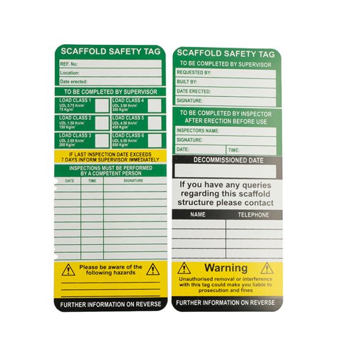 Use scaffolding safety inserts with our ClawTag holder at all legal entry points to the scaffold providing relevant safety information alongside an inspection record. Should the scaffolding fail inspection the insert can be removed to display the message 'Do Not Use This Equipment' or replace with a prohibition insert. Scaffolding must be inspected in the following conditions: Following initial erection---Exposure to adverse weather---Conditions that could affect its strength or stability---Following substantial alteration (addition or subtraction)--- At regular intervals not exceeding 7 days from previous inspection.