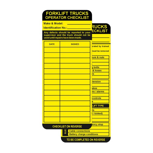 TG0210 | An employer must ensure that a forklift is safe to use and all forklifts should be checked by a competent person prior to use for any damage, faults or wear. On the reverse the Forklift Safety Tag lists the basic safety checks needed with an inspection record (date, signature, defects reported) on the front. Designed for use with the AssetTag MAX holder which should be fixed permanently at the point of access to the forklift. If the forklift is safe to use the insert can be slid into the holder with the signature side showing. The AssetTag MAX holder clearly states 'Do Not Use This Equipment' when the tag is removed, should an inspection find any failures.