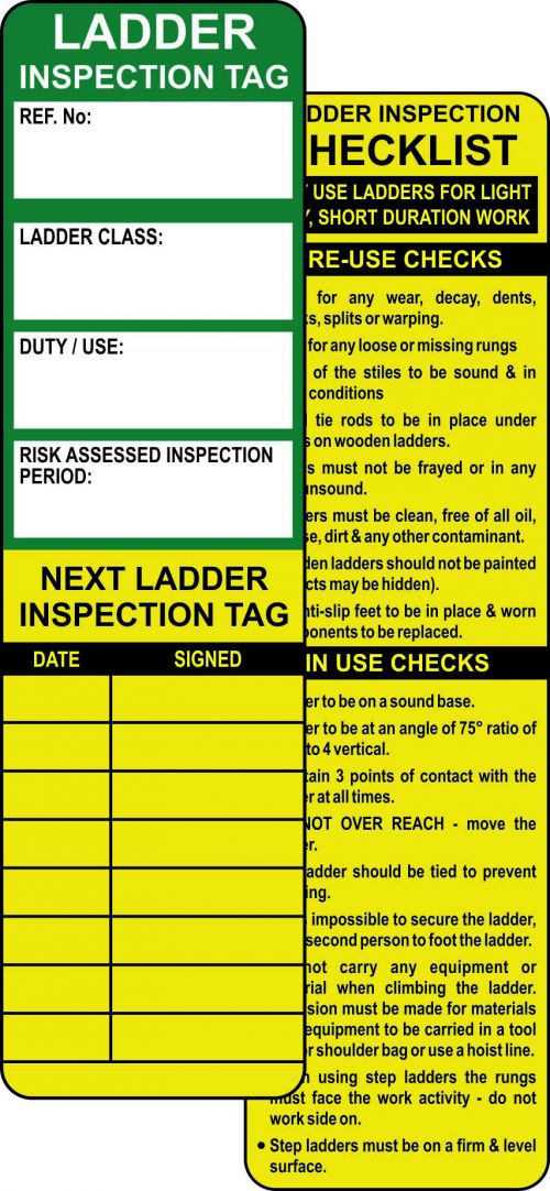 Ladder Tagging System (Pack of 10 Inserts) to record the results of the ladder inspection. 