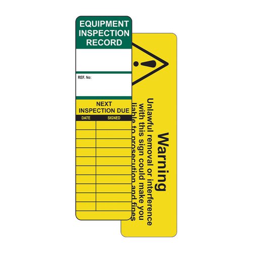 TG0510 | The Universal Equipment inspection record helps an employer comply with legislative requirements when inspecting and helps maintain equipment at suitable periods as deemed appropriate by a risk assessment. The insert has clearly defined areas to record equipment identification or reference numbers, alongside an inspection record. This allows a user instant access to important safety information. Should equipment fail inspection, the tag can be removed to clearly display the message ' Do Not Use This Equipment' which is printed on the holder. Inserts are designed for use with the AssetTag holder.