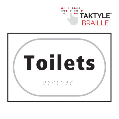 TK2030BKWH | 'Toilets' Taktyle sign is 225mm x 150mm. This sign is made from a self adhesive reverse printed and moulded taktyle sheet. All our signs conform to the BS EN ISO 7010 regulation, ensuring that all graphical safety symbols are consistent and compliant.