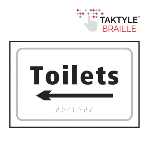 TK2031BKWH | 'Toilets Arrow Left' Taktyle sign is 225mm x 150mm. This sign is made from a self adhesive reverse printed and moulded taktyle sheet. All our signs conform to the BS EN ISO 7010 regulation, ensuring that all graphical safety symbols are consistent and compliant.