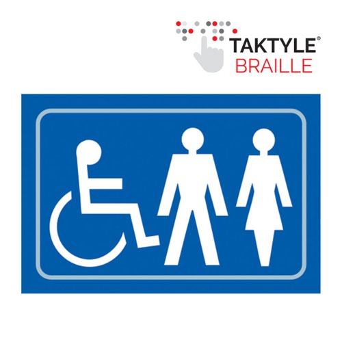 TK2033WHBL | 'Disabled / Ladies / Gentlemen Graphic' Taktyle sign is 225mm x 150mm. This sign is made from a self adhesive reverse printed and moulded taktyle sheet. All our signs conform to the BS EN ISO 7010 regulation, ensuring that all graphical safety symbols are consistent and compliant.