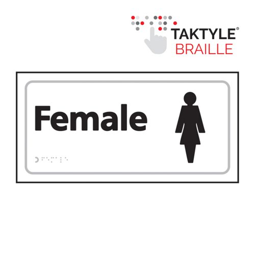 TK2200BKWH | 'Female' Taktyle sign is 300mm x 150mm. This sign is made from a self adhesive reverse printed and moulded taktyle sheet. All our signs conform to the BS EN ISO 7010 regulation, ensuring that all graphical safety symbols are consistent and compliant.