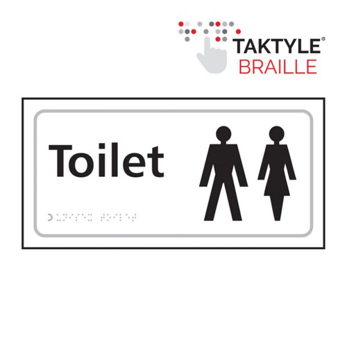 Toilet (Ladies/Gents Symbol)’  Sign; Self Adhesive Taktyle; White  (300mm x 150mm)
