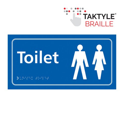 TK2203WHBL | 'Toilet (Ladies/Gents Symbol)' Taktyle sign is 300mm x 150mm. This sign is made from a self adhesive reverse printed and moulded taktyle sheet. All our signs conform to the BS EN ISO 7010 regulation, ensuring that all graphical safety symbols are consistent and compliant.
