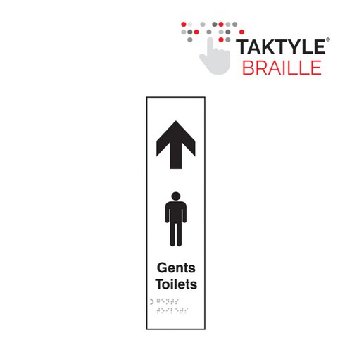 'Gents Toilets Arrow up' Taktyle sign is 75mm x 300mm. This sign is made from a self adhesive reverse printed and moulded taktyle sheet. All our signs conform to the BS EN ISO 7010 regulation, ensuring that all graphical safety symbols are consistent and compliant.