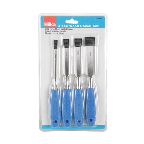 WC05P | Chisels are primarily used for developing woodworking joints and shaping wood. Pack Quantity: 4pc. Sizes: 6mm, 12mm, 19mm and 25mm. Features drop forged heat treated blades. Impact resistant handle.