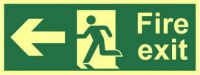'Fire Exit (Man Arrow Left)' Sign, 1.3mm Rigid Self Adhesive Photoluminescent (400mm x 150mm)