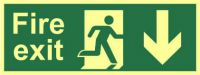 'Fire Exit (Man Arrow Down)' Sign, 1.3mm Rigid Self Adhesive Photoluminescent (400mm x 150mm)
