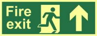 'Fire Exit (Man Arrow Up)' Sign, 1.3mm Rigid Self Adhesive Photoluminescent (400mm x 150mm)