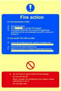 'Fire Action Procedure' Sign, 1.3mm Rigid Self Adhesive Photoluminescent (200mm x 300mm)