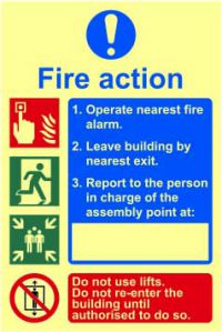 'Fire Action Procedure' Sign, 1.3mm Rigid Self Adhesive Photoluminescent (200mm x 300mm)