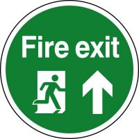 'Fire Exit Man Arrow Up' Floor Graphic, Anti-slip Laminated Floor Sign (400mm dia.)