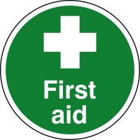 First Aid Floor Graphic adheres to most smooth; clean flat surfaces and provides a durable long lasting safety message. 400mm diameter.
