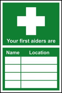 Self-Adhesive Vinyl Your First Aiders Are...sign (200 x 300mm). Easy to use; simply peel off the backing and apply to a clean dry surface.