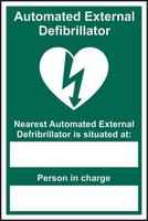 Automated External Defibrillator Nearest sign (200 x 300mm). Manufactured from strong rigid PVC and is non-adhesive; 0.8mm thick.
