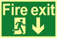 'Fire Exit Running Man Arrow Down' Sign, 1.3mm Rigid Self Adhesive Photoluminescent (300mm x 200mm)
