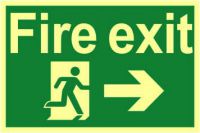 'Fire Exit Running Man Arrow Right' Sign, 1.3mm Rigid Self Adhesive Photoluminescent (300mm x 200mm)